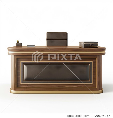 Elegant wooden office desk with leather chair in corporate setting 120696257