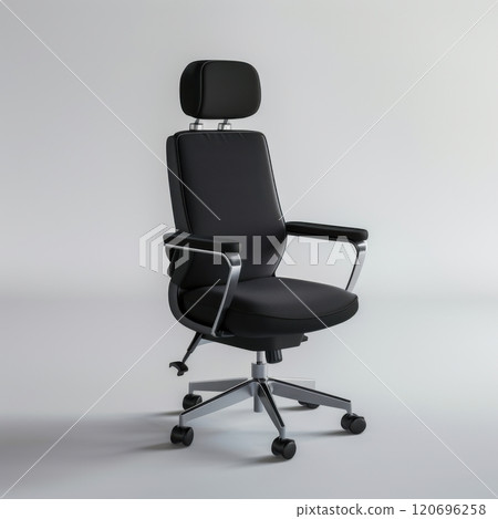 Ergonomic black office chair with adjustable headrest on a grey background 120696258