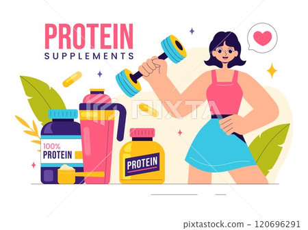 Protein Supplements Vector Illustration featuring Healthy Food, Protein Powders, and Fitness Workouts to Support Nutrition and the Body Vitamin 120696291