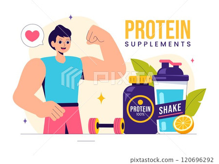 Protein Supplements Vector Illustration featuring Healthy Food, Protein Powders, and Fitness Workouts to Support Nutrition and the Body Vitamin 120696292