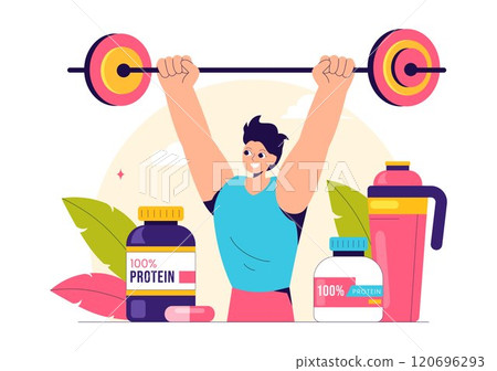 Protein Supplements Vector Illustration featuring Healthy Food, Protein Powders, and Fitness Workouts to Support Nutrition and the Body Vitamin 120696293