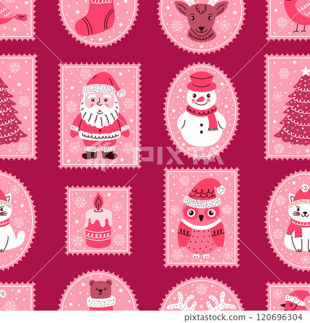 Seamless pattern with postage stamps with cute doodle style characters for Christmas and New Year. 120696304