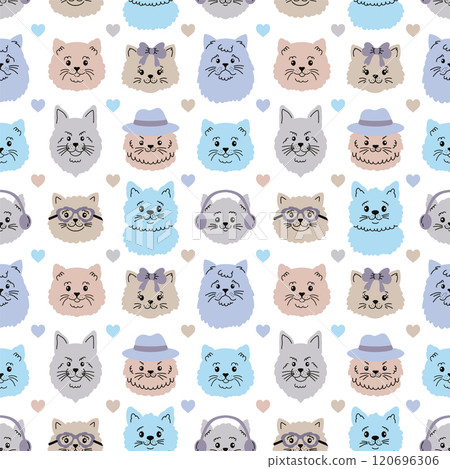 Seamless pattern with cat faces and hearts. Seamless pattern with cat faces and hearts. 120696306