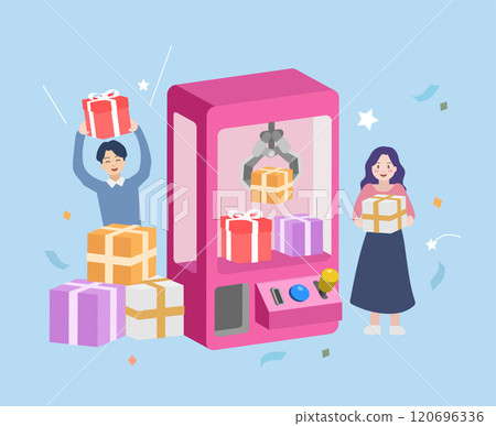 Lucky people winning prize draw near Claw machine. 120696336