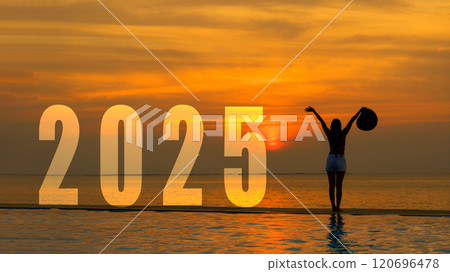 Happy new year card 2025. Silhouette lifestyle woman yoga raise arm standing as part of Number 2025 Happy new year card 2025. Silhouette lifestyle woman yoga raise arm standing as part of Number 2025 120696478