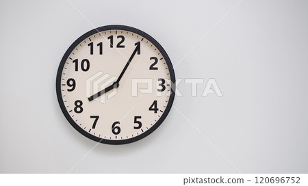 Classic Black-Edged Clock on White Background at 20.05/08.05 - Perfect for Time Management and Text Space Classic Black-Edged Clock on White Background at 20.05/08.05 - Perfect for Time Management and Text Space 120696752