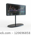 Digital stock market display with financial chart on stand in minimalist setting 120696858