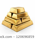 Pyramid of shiny gold bars stacked neatly on a white background 120696859