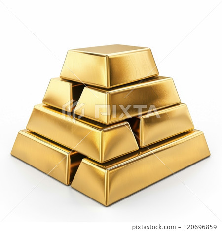 Pyramid of shiny gold bars stacked neatly on a white background 120696859