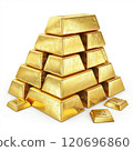 Stack of shiny gold bars arranged in pyramid shape against white background 120696860