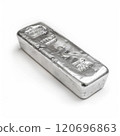 Silver metal bar close-up with weight and purity details embossed on surface 120696863