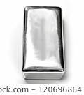 Shiny silver metal bar isolated against white background, reflecting light 120696864