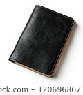 Black leather wallet with visible wear, closed, on white background concept of everyday accessory 120696867