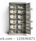 Open vintage steel safe with empty compartments and weathered interior 120696871