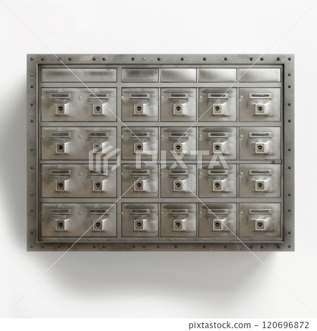 Vintage industrial metal mailboxes mounted on white wall concept of organization and nostalgia 120696872