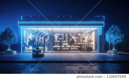 A futuristic 3D storefront with glowing blue lines and modern architectural design, set in a serene night setting. A futuristic 3D storefront with glowing blue lines and modern architectural design, set in a serene night setting. 120697049