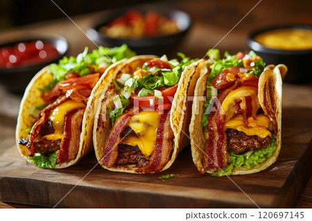 Delicious bacon cheeseburger tacos with fresh lettuce and tomato on rustic wooden board 120697145