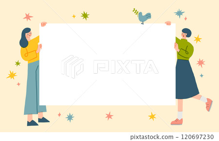 兩個女人拿著一個大板插圖框 120697230