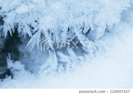 Abstract snow background. Blue and white snowflakes frosted snow crystals, macro, close up Abstract snow background. Blue and white snowflakes frosted snow crystals, macro, close up 120697267