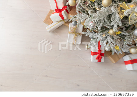 Christmas Spruce With Gifts Decoration On New Year Background Christmas Spruce With Gifts Decoration On New Year Background 120697359