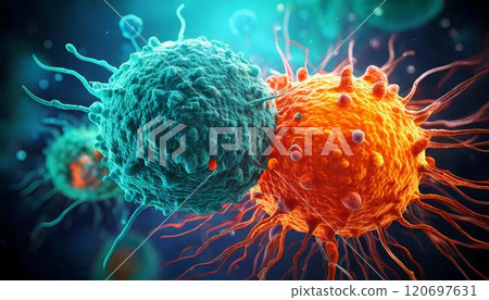 3DCG illustration of T cells, an antibody that attacks pathogens such as cancer cells and viruses. Medical material 120697631