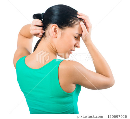 A young woman with headache holding head isolated on a white background A young woman with headache holding head isolated on a white background 120697926