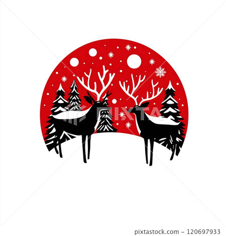 Silhouetted Reindeer rudolph in a Festive Red Winter Forest Scene Silhouetted Reindeer rudolph in a Festive Red Winter Forest Scene 120697933