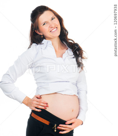 Young beautiful woman on 7 months pregnant isolated on white background Young beautiful woman on 7 months pregnant isolated on white background 120697938
