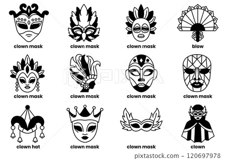 Set of illustrations in the concept of party masks in a line style 120697978