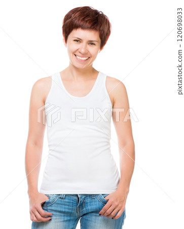 White t-shirt on a young woman template isolated on white background White t-shirt on a young woman template isolated on white background 120698033