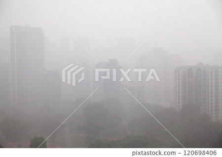Aerial view of the condominiums in Singapore during heavy rain 120698406