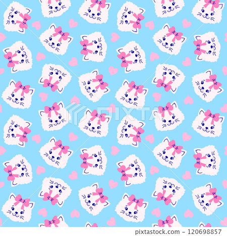 Seamless pattern with cat faces and hearts  120698857