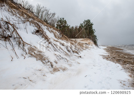 Baltic Sea wild beach is snowy in winter and there are big waves Baltic Sea wild beach is snowy in winter and there are big waves 120698925