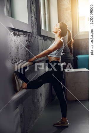 A Young Woman Engaged in a Dynamic Stretching Routine in a StateoftheArt Gym Environment A Young Woman Engaged in a Dynamic Stretching Routine in a StateoftheArt Gym Environment 120699006
