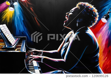 Digital art of a woman passionately singing while playing piano Digital art of a woman passionately singing while playing piano 120699126