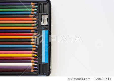 Colorful Pencils Set in Black Pencil Case Top View Colorful Pencils Set in Black Pencil Case Top View 120699315