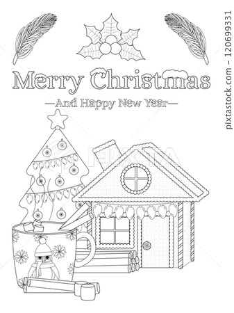 Christmas Coloring Page with Gingerbread House, Christmas Tree, and Festive Mug Christmas Coloring Page with Gingerbread House, Christmas Tree, and Festive Mug 120699331