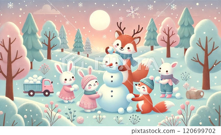 A pastel world where animals and children work together to make a snowman in a snowy landscape at dusk 120699702