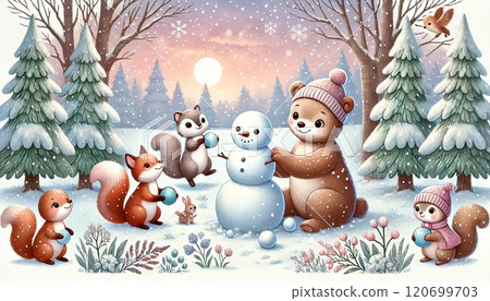 A heartwarming scene of a bear and a squirrel making a snowman together in a winter forest at dusk 120699703