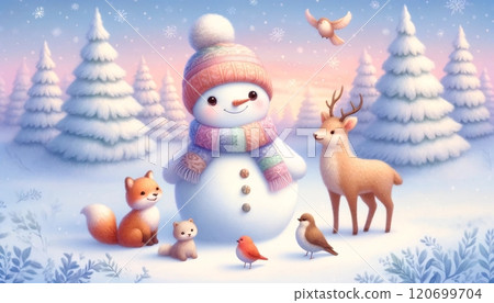 雪人、狐狸、鹿和鳥類聚集在冬季森林中，呈現出柔和柔和的風景。 120699704