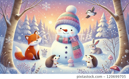 A warm evening scene of a snowman, a fox and a hedgehog gathering in a winter forest 120699705