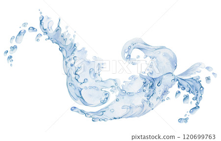Water flow, splashes bubbles waves with drops, ice cubes hand drawn in watercolor. Blue liquid pouring motion, flowing clear wet spray ripples. Illustration, single object isolated on white background 120699763