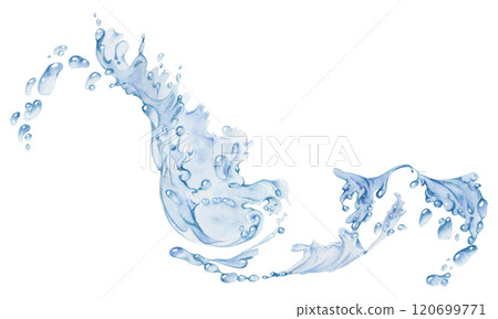 Water flow, splashes bubbles waves with drops, ice cubes hand drawn in watercolor. Blue liquid pouring motion, flowing clear wet spray ripples. Illustration, single object isolated on white background 120699771