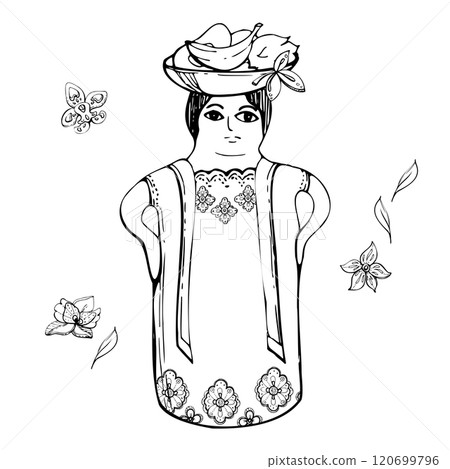 Mexican Spanish porcelain doll table decoration figurine with floral ornament decoration, fruit basket. Hand drawn ink vector isolated illustration. Design travel, vacation, gift shop brochure ads 120699796