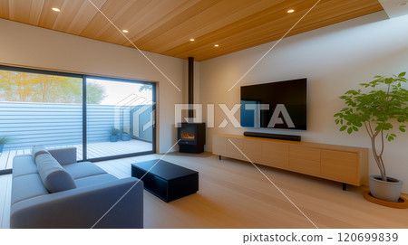 Modern living room interior with warm wood tones and a wood-burning stove | Japanese home 120699839