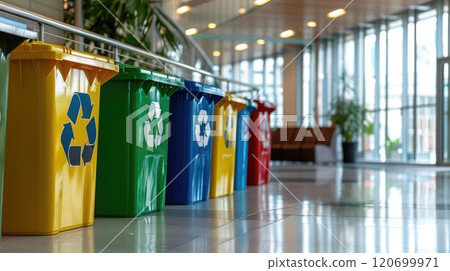 4. Neatly arranged recycling bins with sustainability signs in an office lobby 120699971