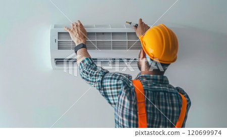 Technician performing HVAC efficiency test, verifying system functionality and energy optimization. HVAC service technician. Copyspace 120699974