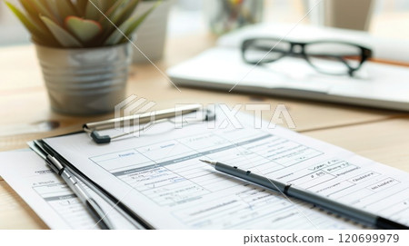 Organized stack of completed consumer survey forms on a clean, neat desk. Consumer survey answer form 120699979