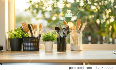 1. Zero-waste office kitchen featuring composting bins and reusable utensils 1. Zero-waste office kitchen featuring composting bins and reusable utensils 120699998