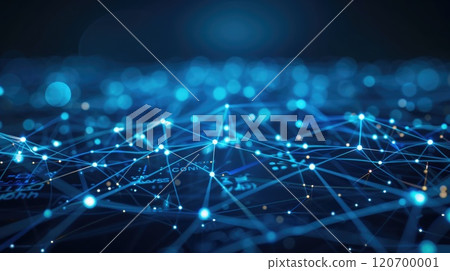 Abstract cybersecurity map with interconnected data points, dark backdrop, and bright blue lines and nodes. Cybersecurity map 120700001